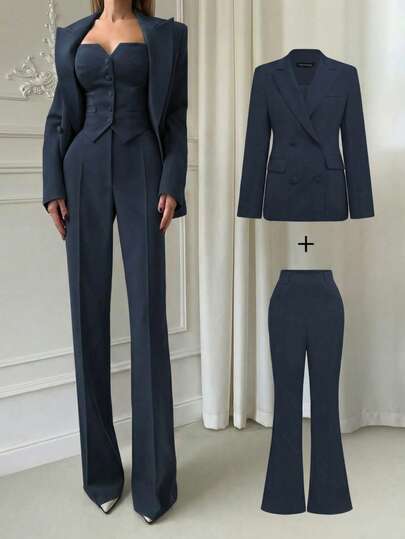 优雅日常商务通勤基础套装：收腰常规肩部长袖西装外套 + 高腰喇叭裤，春季套装