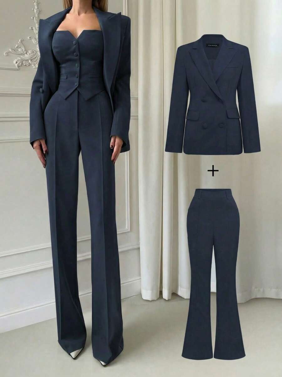 Elegant Daily Business Commute Basic Set: Waist-Cinched Regular Shoulder Long Sleeve Blazer + High-Waisted Flared Leg Pants, Suit Set Spring - Navy Blue - View 1
