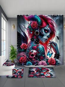 Bộ 1/4 món rèm tắm chống thấm nước họa tiết phù thủy đen, chất liệu polyester dày chống nấm mốc, bao gồm 12 móc treo, thảm chống trượt, thảm hình chữ U và nắp bồn cầu tròn. - A - Xem 2