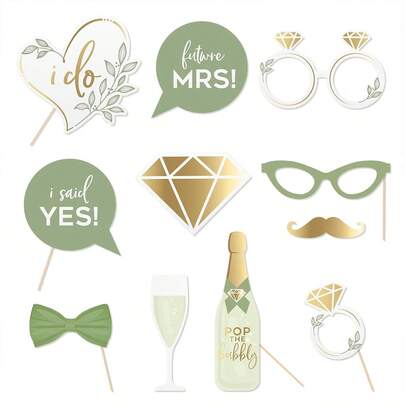12-Piece Olive Green Wedding Photography Prop Set, 12-Piece Engagement Prop Bag, Including Wooden Sticks, Suitable For Bachelor/Bachelorette Parties, Weddings, And Party Decorations.