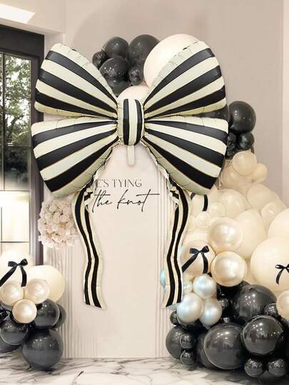 1pc Extra Large 61 Inch Striped Bow Foil Balloon, Black And White Striped Bow Foil Balloon, Bow Decor Balloon, For Wedding, Engagement, Proposal, Birthday, Photo Shoot Decor, Princess Birthday Party, Bridal Shower, Bachelorette, Photography Backdrop, Anniversary, Tea Party, Valentine's Day, Huge Bow Decor Background