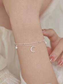 1pc S925 Sterling Silver Unique Minimalist Zirconia Star & Moon Double Layer Bracelet, Fashionable Daily Wear For Women - Silver - View 2