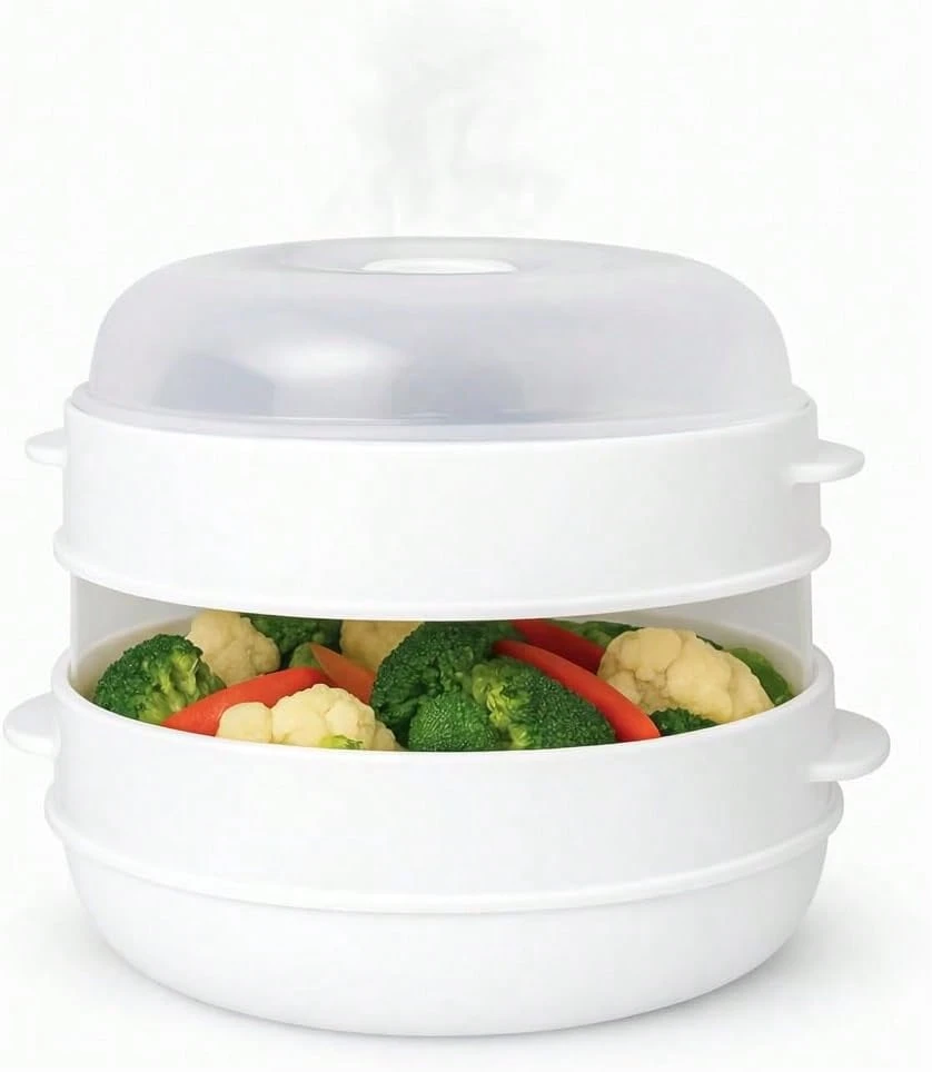 1pc 2-Tier Microwave Steamer For Healthy Quick Cooking Of Vegetables, Rice, Pasta, Meals, Easy Clean, Space Saving Kitchen Appliance - View 1