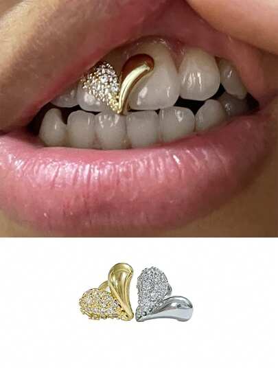 1pc Glossy & Rhinestone Heart Shaped Stylish Tooth Jewelry, Unisex Fashion Party Decor