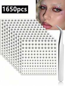 1650/825/165pcs 3-6mm Silver Plated Acrylic Y2K Sexy Body Stickers + Tweezers, Fake Nose Ring Earring Stickers, Fake Eyebrows And Lip Rings No Piercing Body Jewelry, Suitable For Party And Music Festival Face Gems - Silver - View 1