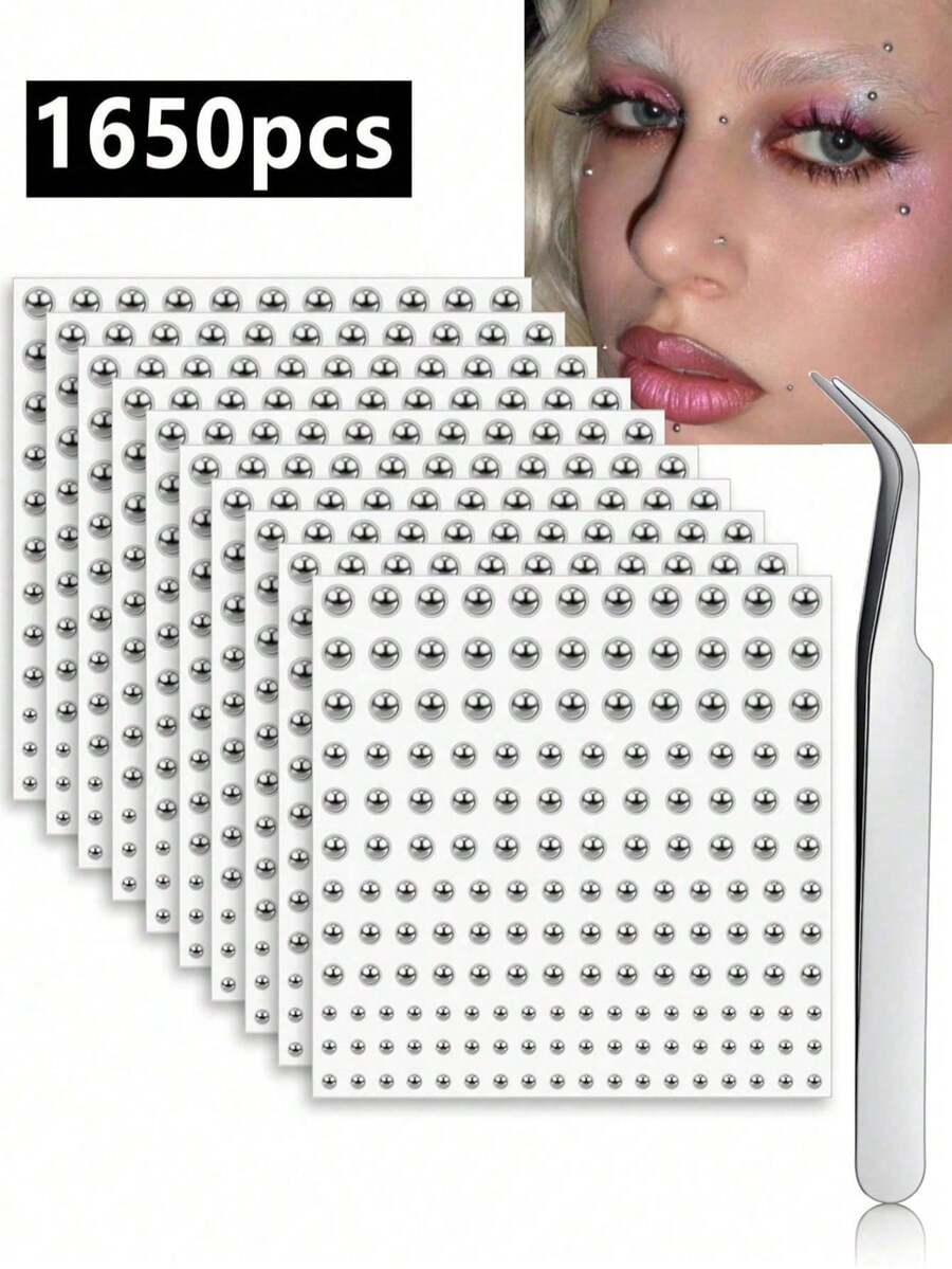 1650/825/165pcs 3-6mm Silver Plated Acrylic Y2K Sexy Body Stickers + Tweezers, Fake Nose Ring Earring Stickers, Fake Eyebrows And Lip Rings No Piercing Body Jewelry, Suitable For Party And Music Festival Face Gems - Silver - View 1