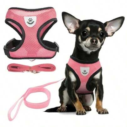 1 Set Correa y Arnés para Mascotas (Gatos/Perros) con Ajuste de Pecho, Cinta Reflectante de y Collar, Hecho de Material de Malla Suave y Transpirable