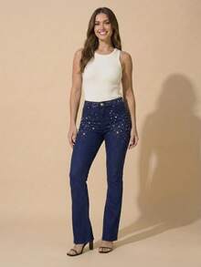 pthirillo Women's Dark Blue Flare Jeans With Butt-Lifting, High Waist, And Rhinestone Detail - Premium Rhinestone Jeans - 水鑽和串珠混合腰帶 - 查看 2