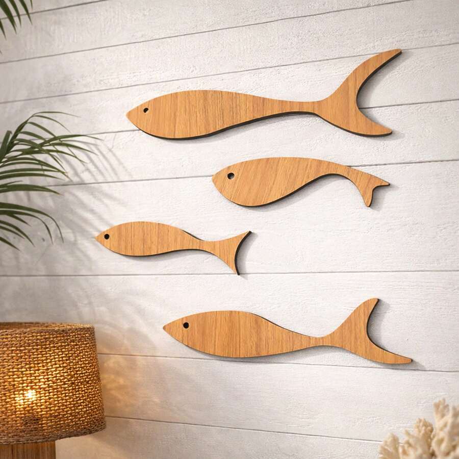 Wood's House Kit Of 4 Decorative Fishes In Wood-Finished MDF For Living Room, Bedroom, Office - 深色木質香調 - 查看 1