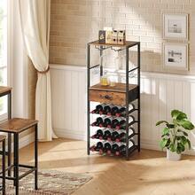 Weinregal für 16 Flaschen, Flaschenregal Holz mit 6 Etagen, Weinständer mit Schublade, Weinschrank, Weinflaschenhalter mit Glashalter 40 x 30 x 102 cm, Flaschen Organizer - Braun - Übersicht 2