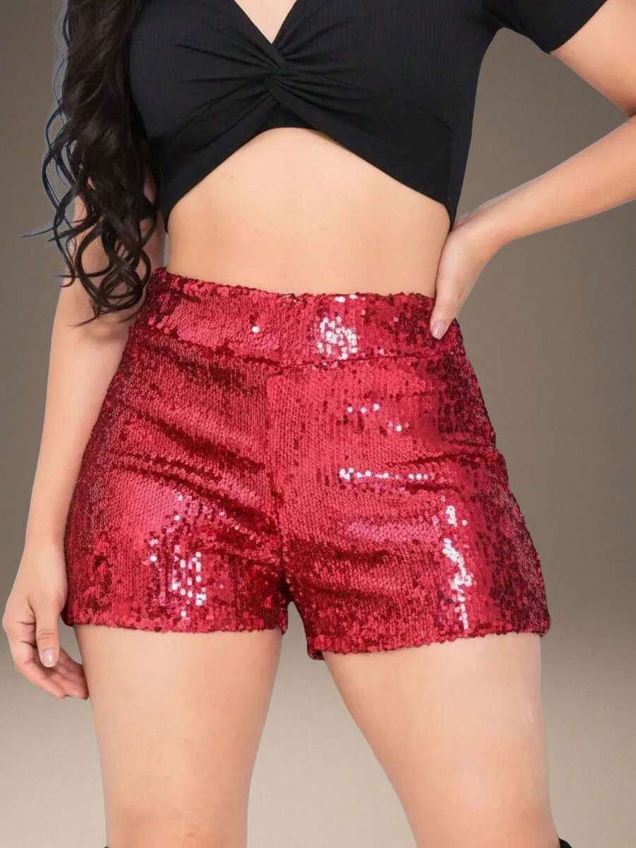 Short Bermuda Style With Elastic Waistband, Sequins, Party/Clubbing Glitter. - 紅色 - 查看 1