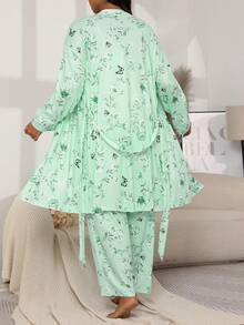 Plus Size Casual Pajama Set, Women's Floral & Butterfly Print Long Sleeve Belted Robe & Cami Top & Pants Lounge 3pcs Set For Fall & Winter - Light Green - View 6