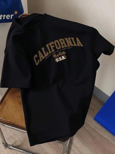 Camiseta redonda de manga corta casual minimalista de hombre, talla estándar, con estampado de "California" en color caqui, apta para el verano (tela)