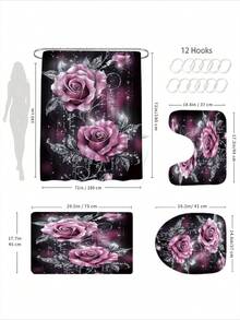 1/4 件套水晶玫瑰花卉印花防水浴帘套装，加厚涤纶防霉浴室帘，含 12 个挂钩、防滑垫、U 型垫和圆形马桶盖套 - A - 查看 3