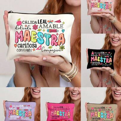 Bolsa de cosméticos con patrón de manzana con letra y lápiz de colores, bolsa de almacenamiento de gran capacidad y linda, bolsa de maquillaje de uso diario multifuncional, bolsa de viaje ligera, regalo exquisito, recuerdo de viaje para amigos, bolsa de almacenamiento de viaje esencial, adecuada para trabajo, escuela, viaje, picnic, camping, aventura al aire libre, regalo del Día de San Valentín