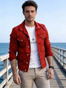 Men's Slim Fit Cotton Denim Jacket - Red 1 - View 3