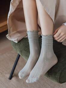 5 Pairs Sweet Lolita Style Breathable Mesh Frill Trim Mid-Calf Socks, Suitable For Spring & Summer - Multicolor - View 5
