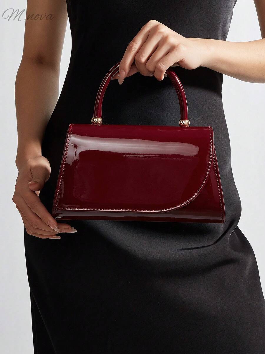 时尚纯色镜面手提包，优雅商务包，适合派对女孩、大学生、新娘。可搭配派对礼服、婚纱、正式礼服、紧身连衣裙。是婚礼、聚会、宴会、派对、舞会的理想之选。女士最佳礼物。 - 酒紅色 - 查看 1