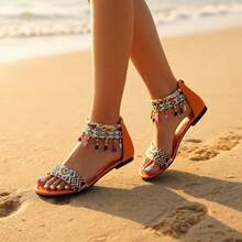 Giày cao gót hở mũi kiểu chữ H màu vàng hồng lấp lánh, thoáng khí, họa tiết ngôi sao đính đá lấp lánh, đa năng cho đám cưới, tiệc tùng, đi chơi, đi biển, du lịch, phù hợp cho mọi mùa. - Màu Cam cháy - Xem 3