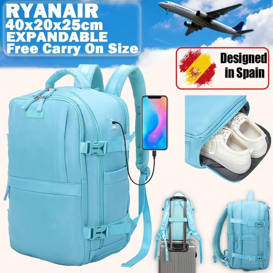 瑞安航空可扩展登机旅行背包，尺寸 40x25x20-25 厘米，带鞋仓，防水休闲背包，可装 14 英寸笔记本电脑 - 蓝色/米色/黑色/粉色/绿色/紫色/军绿色 - 藍色 - 查看 1