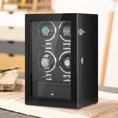 Watch Winder, Watch Winder For 4 Men's And Women's Automatic Watches, With 4 Super Quiet Japanese Mabuchi Motors, Blue LED Light And Adapter, High-Density Board Shell And Black PU