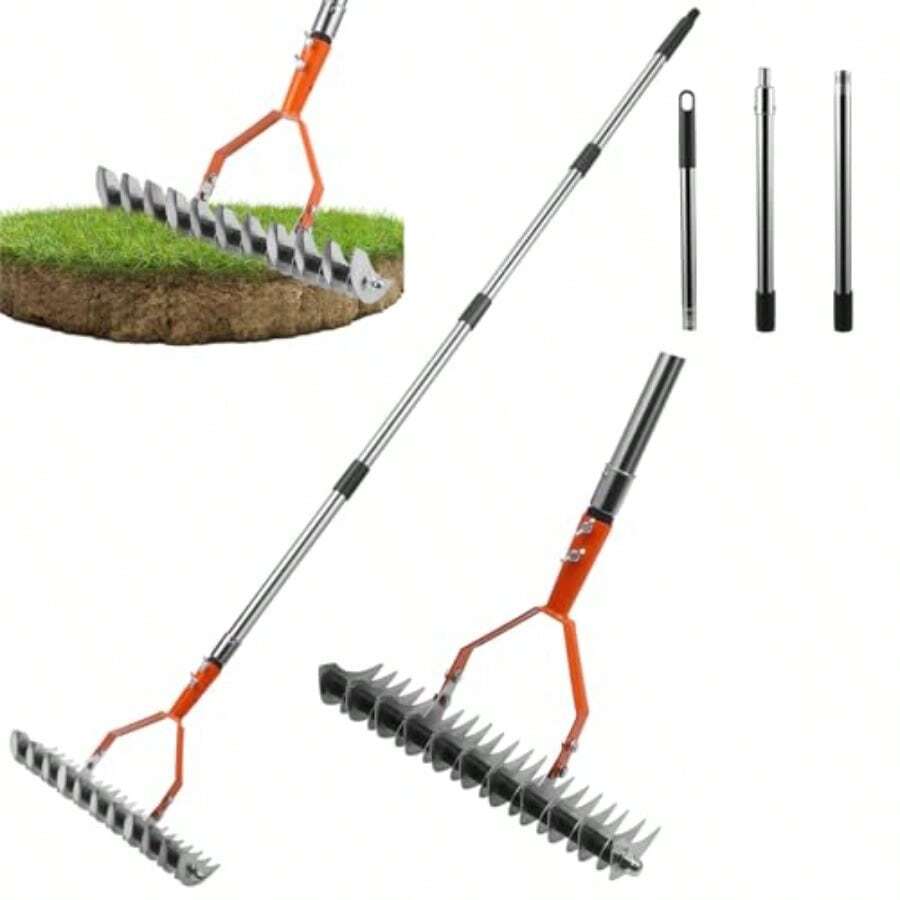 Thatch Rake Heavy Duty Lawn Thatching Rake With Sturdy Long Handle Adjustable Dethatcher Rake For Cleaning Dead Grass Moss Stones Debris Efficient Steel RAke For Garden Yard Loosening Soil 170CM  Vff - Silver - View 1