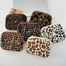 Corduroy Flip Cover Card Holder/Coin Purse, Multi-Function Leopard Print Organizer Pouch, Women's Portable Lipstick & Cosmetic Bag, Can Store Various Small Items - Multicolor - View 4