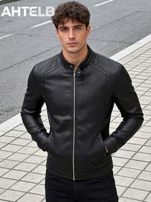 AHTELB Chaqueta de cuero casual y retro para motocicleta para hombres, negra para primavera y otoño - Negro - Ver 7