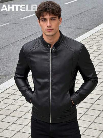 AHTELB Chaqueta de cuero casual y retro de motocicleta para hombres, primavera y otoño