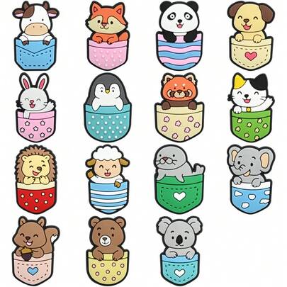 15个/套，软塑料材质，口袋动物造型鞋饰，狗、兔子、松鼠、绵羊造型，适用于凉鞋、花园鞋，也可作为派对小礼物。