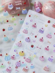 1片闪亮粉色美甲贴纸 可爱冰晶美甲贴纸 草莓果冻布丁蝴蝶结3D自粘美甲贴纸 DIY配件 - 彩色 - 查看 5