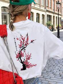 女款粉色圓領梅花印花T恤，寬鬆休閒風，適合日常穿搭與夏季度假，白色 - 白色 - 查看 7