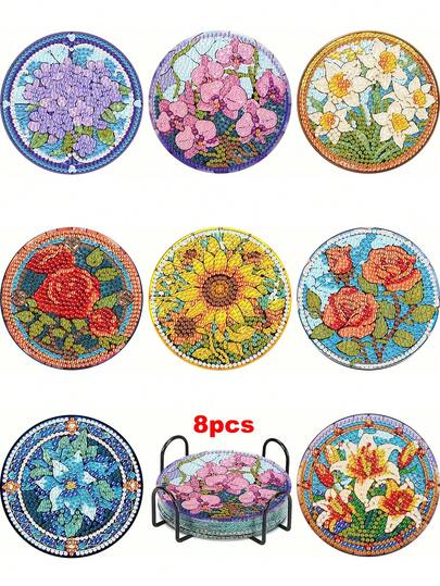 8pcs Sparkling Flower Diamond Painting Coaster Set, Round Shiny Diamond Surface, Sturdy Adhesive With Full Tools, Easy For Beginners, Stress Relief Handcraft, New Year, Valentine's Day, Christmas, Teacher's Day Gift, Home Decor Tabletop Coasters For Family, Friends, Teachers