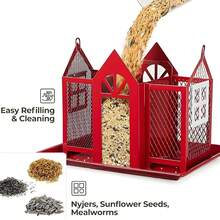 1 Large-Capacity Metal Swing Bird Feeder Three-In-One Feeder - Weather-Resistant Hanging Design, Suitable For Birds, Orioles.  Easy To Fill, No Electricity/Battery Required - Outdoor Garden Bird Feeding Station, Bird Feeding Rack, Decorative Bird Feeder, Easy-To-Clean Material, Very Suitable For Attracting Wild Birds, Garden Feeder - Red - 查看 6