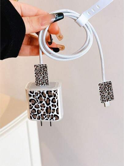 Sexy Leopard Print Glitter Color Block Charger Protective Case, 20W Charger & Data Cable Protector Set, Anti-Bite Anti-Bend Compatible For IPhone 15/16/17 Pro Max12/13/14 Plus, Cute Christmas Gift