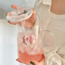 Bowknot Glass Water Cup, Transparent Heat-Resistant Coffee/Juice/Milk Cup With Straw And Handle, Includes Lid And Straw, Suitable For Office, Home, And Gifts - Multicolor - View 5