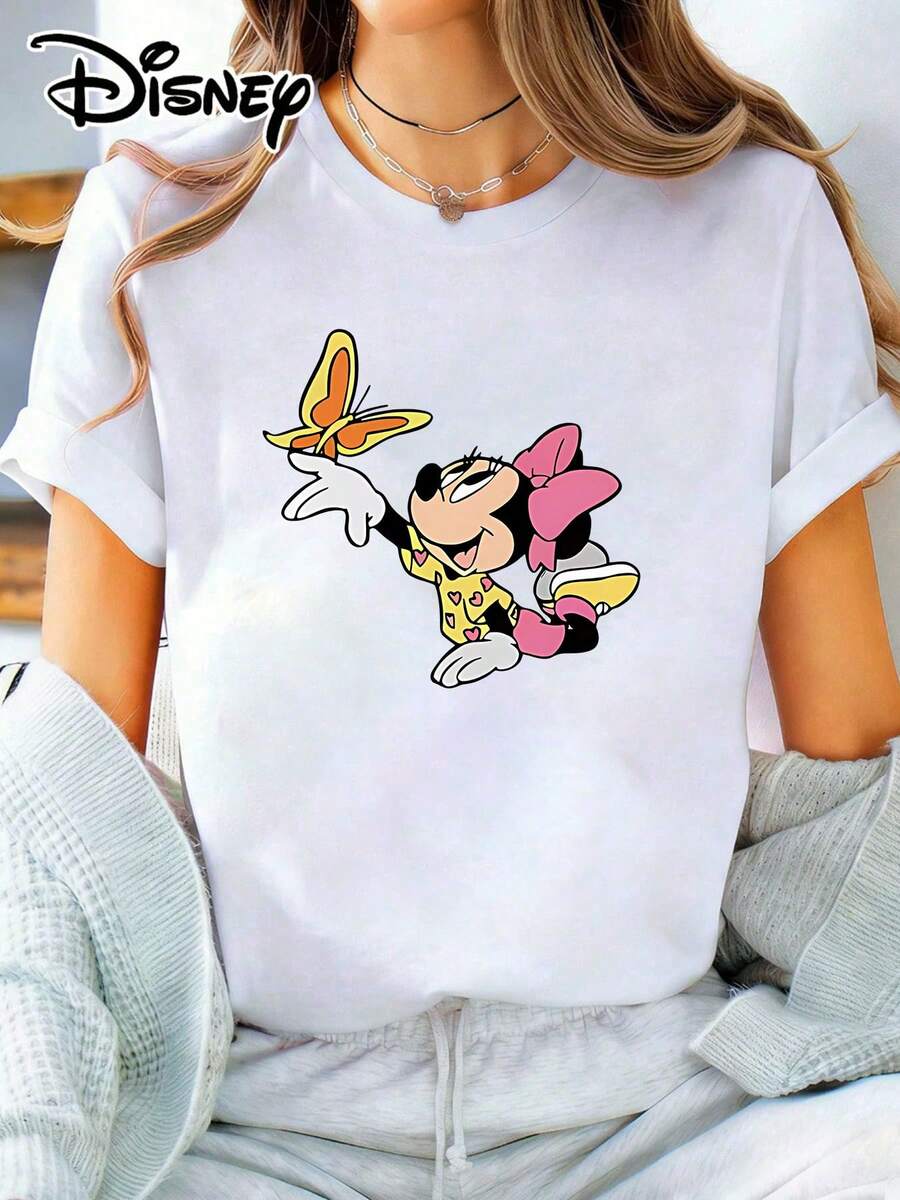 The Disney Minnie Mouse Graphic Print Short Sleeve Cotton T-Shirt For Women Is Perfect For Taking Photos At Disneyland, As A Travel Souvenir, For Everyday Casual Wear, Or For Matching Family Outfits. It Also Makes An Ideal Valentine's Day Gift For Friends And Family. This Women's Clothing Is A New Spring Style, Comfortable And Skin-Friendly, Suitable For Outdoor Wear. - White - View 1