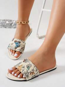 Sandalias planas para mujer, sandalias planas minimalistas y elegantes con estampado floral en la correa - blanquecino - Ver 4
