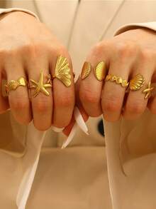 3pcs/Set Summer Vacation Beach Sea Star Starfish Design Golden Color Rings Set For Women - Multicolor - View 4