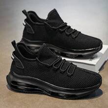 1 Pair Men's Breathable Knit Sneakers - Casual Lace-Up Trainers With Air Cushion, Non-Slip PVC Outsole, Fabric Upper, Lining And Insole, Synthetic Sole, Solid Color, Suitable For All Seasons - 黑色 - 查看 3