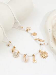 1pc Handmade Beaded Necklace With Seed Beads, Enamel Sun Shell, Asymmetrical Sea Shell, Pearl Pendant, Boho Beach Style - Gold - View 5