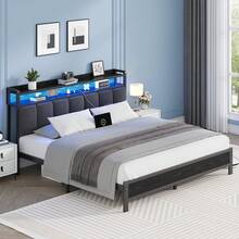 Twin/ Full/ Queen/ King Bed Frame With Storage Headboard, LED Bed Frame With Charging Station, Upholstered Platform Bed Frame With Heavy Duty Metal Slats, No Box Spring Needed, Easy Assembly, Black/ White/ Beige - 查看 11