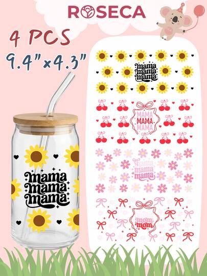 4pcs/Set UV DTF Transfer Stickers For 16oz Libbey Glass Cups (Size: 9.4x4.3 Inches), No Heat Required, Floral Sunflower Rose Lavender "Best Life Mom" Pattern, Retro Mom Letter Bow Heart Aesthetic, Waterproof Removable Stickers, Mother's Day Gift