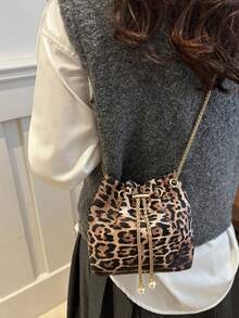 Retro Leopard Print Drawstring Bucket Bag, New Arrival Small Niche Design Chain Shoulder Crossbody Bag For Women - Multicolor - View 4