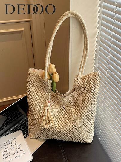 Dedoo A Minimalist Casual Style Large-Capacity Hollow-Woven Tote Bag For Women, Decorated With Beaded Tassels. This Bohemian-Style Underarm Bag, Perfect For Summer Vacations By The Seaside, Is Also Suitable For Daily Commuting And Can Be Used As A Shopping Bag When Going Out.