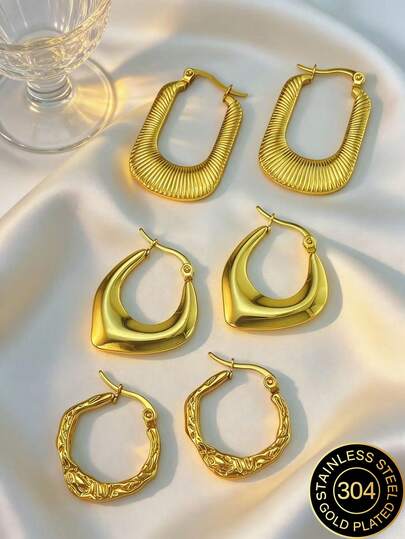 Gold Geometric-Shaped Stainless Steel Earrings, Gold-Plated Stainless Steel Jewelry, Ladies' Earrings, Ring-Shaped Ear Hoops, Pituitary Earrings, Gold-Plated Hinge Round Earrings, Bamboo, Texture, Diamond Cutting, Hexagon, Square, Round, Butterfly Shape, Design, Sturdy And Low-Allergy Earrings Suitable For Sensitive Ears, Charming Accessories For Ladies, Middle Eastern Fashion Accessories, Ramadan Decorative Accessories And Accessories, Party And Festival Gifts (1/3 Pairs)