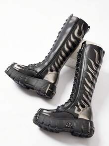 Flame Emborider Punk Boots For Women, Platform Gothic Knee Boots, Combat Fashion Motorcycle Shoes, Women's Zip Long Boots, Casual Metal Decor Shoes - 黑色 - 查看 4