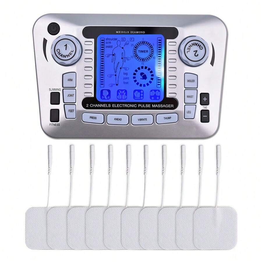 12 Modes Digital Electric Pulse Massager Tens EMS Muscle Stimulator Therapy Machine Body Massage Pain Relief Tool Health Care With 10PCS
