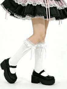 1 Pair Women Lace Trim Bow Knee High Socks, Cute Versatile School Style Mid-Calf Socks, Fashion & Suitable For Daily Wear - Multicolor - View 4