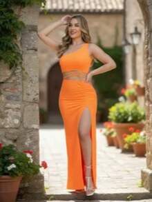 Conjunto falda con abertura delantera plisada  y crop top con cintas en cintura - Naranja - Ver 5